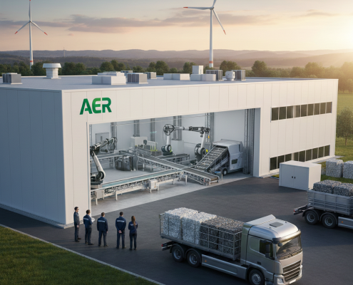 Eine moderne Recycling-Halle der AER GmbH mit automatisierten Sortierrobotern, einem LKW mit Wertstoffen und Windkraftanlagen im Hintergrund bei Sonnenuntergang.