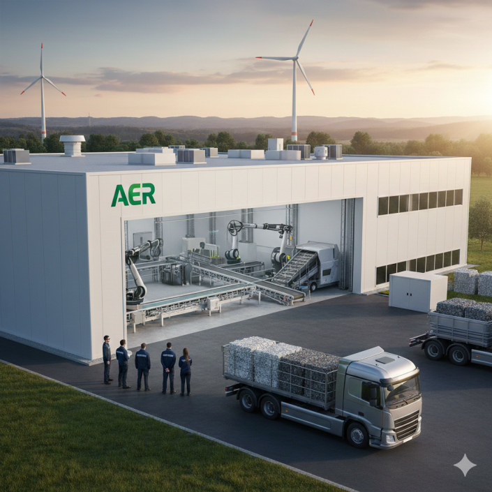 Eine moderne Recycling-Halle der AER GmbH mit automatisierten Sortierrobotern, einem LKW mit Wertstoffen und Windkraftanlagen im Hintergrund bei Sonnenuntergang.