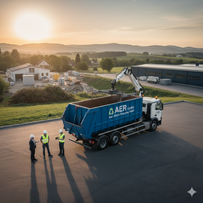 Ein blauer Abrollcontainer der AER GmbH auf einem LKW-Lader, davor Fachpersonal mit Helmen auf einem Betriebsgelände in Katzenelbogen bei Sonnenuntergang.