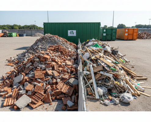 Ein direkter Vergleich von zwei Abfallhaufen auf einem Recyclinghof: links sauberer Bauschutt aus Ziegeln und Beton, rechts unsortierter Baumischabfall vor grünen Containern.