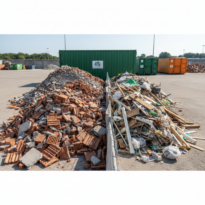 Ein direkter Vergleich von zwei Abfallhaufen auf einem Recyclinghof: links sauberer Bauschutt aus Ziegeln und Beton, rechts unsortierter Baumischabfall vor grünen Containern.