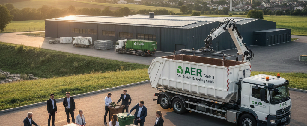 Ein LKW der AER GmbH mit Container und verschiedene Mülltonnen zur Abfalltrennung vor einem modernen Recyclinghof in Hessen bei Sonnenuntergang.