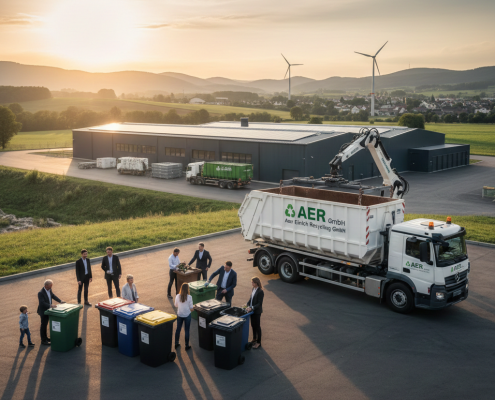 Ein LKW der AER GmbH mit Container und verschiedene Mülltonnen zur Abfalltrennung vor einem modernen Recyclinghof in Hessen bei Sonnenuntergang.