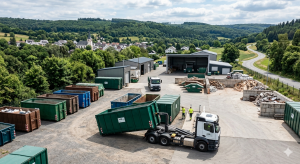 Ein Absetzkipper-LKW der AER GmbH bei der Bereitstellung von Containern auf einem Recyclinghof im Rhein-Lahn-Kreis vor einer ländlichen Kulisse.