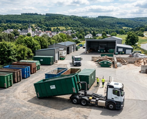 Ein Absetzkipper-LKW der AER GmbH bei der Bereitstellung von Containern auf einem Recyclinghof im Rhein-Lahn-Kreis vor einer ländlichen Kulisse.